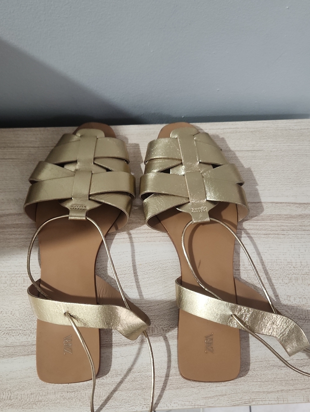 Zara Metallic Gold Woven Lace-Up Flat Sandals